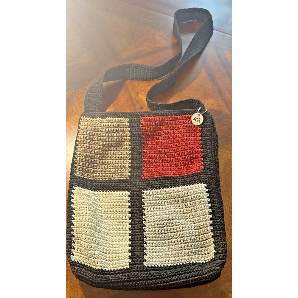 THE SAK Black/Red/Tan/Brown Block Square Crochet Knit Handbag Shoulder Bag